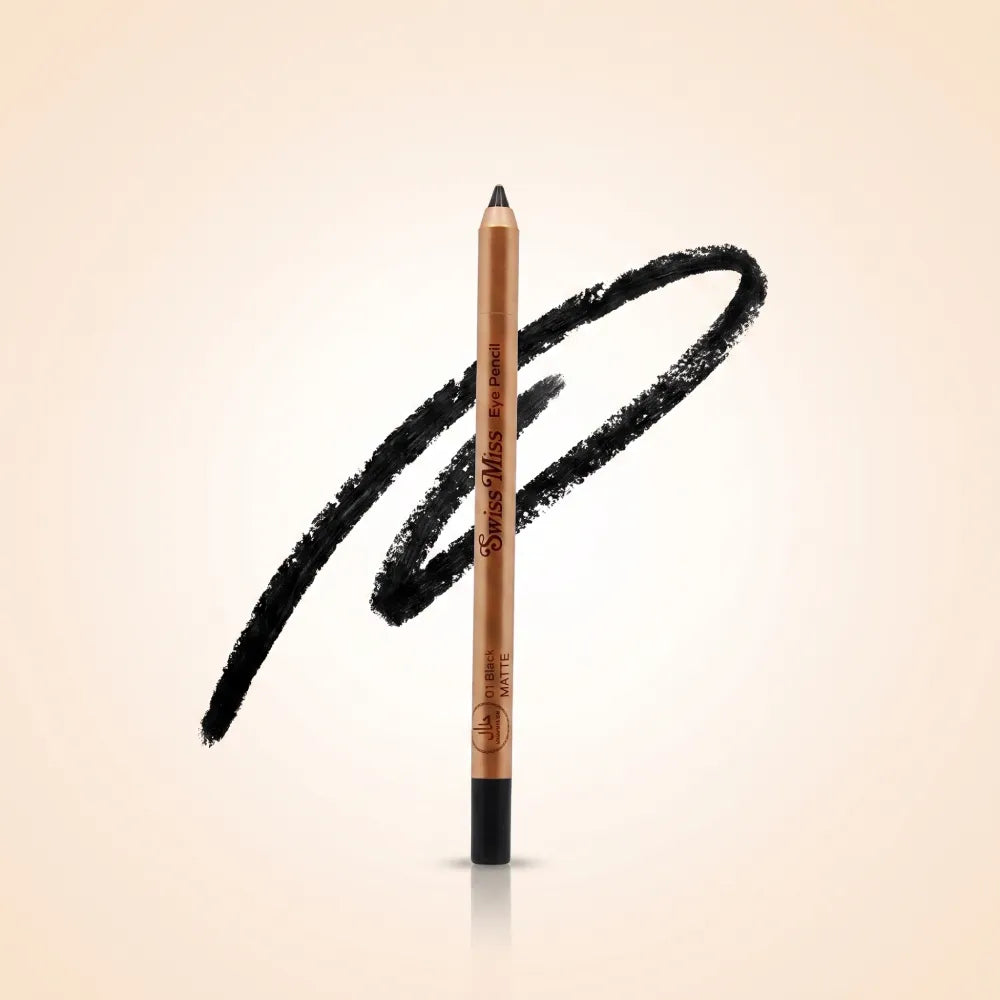 Swiss Miss matte black eye pencil in shade 01 Black with gold body and bold black swatch background.