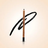 Swiss Miss matte black eye pencil in shade 01 Black with gold body and bold black swatch background.