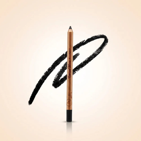 Swiss Miss matte black eye pencil in shade 01 Black with gold body and bold black swatch background.