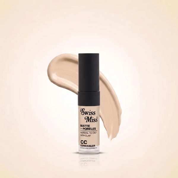 Swiss Miss Matte + Poreless CC Concealer tube with black cap in shade SM 03 Fine Plush and creamy liquid concealer swatch.