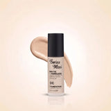 Swiss Miss Matte + Poreless CC Foundation 30ml bottle with black cap in shade SM 01 Light Ivory and liquid foundation swatch.