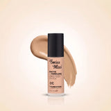 Swiss Miss Matte + Poreless CC Foundation 30ml bottle with black cap in shade SM 02 Fine Ivory and liquid foundation swatch.