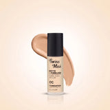 Swiss Miss Matte + Poreless CC Foundation 30ml bottle with black cap in shade SM 03 Natural and liquid foundation swatch.