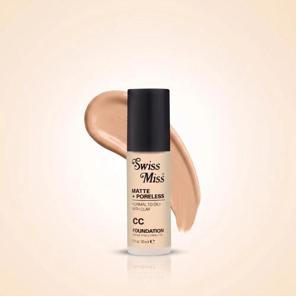 Swiss Miss Matte + Poreless CC Foundation 30ml bottle with black cap in shade SM 03 Natural and liquid foundation swatch.