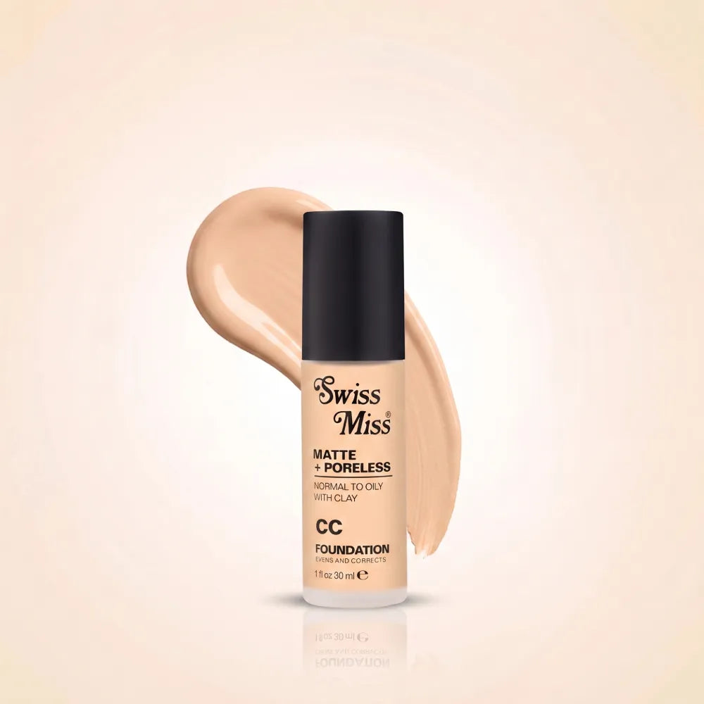 Swiss Miss Matte + Poreless CC Foundation 30ml bottle with black cap in shade SM 04 Beige and liquid foundation swatch.