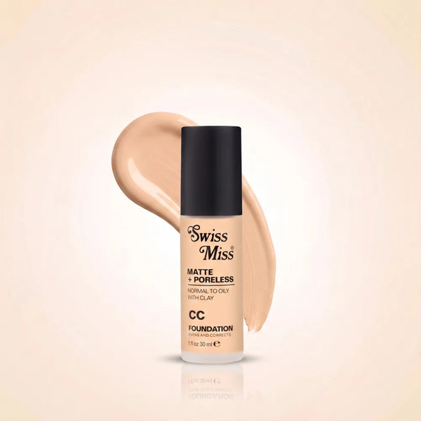 Swiss Miss Matte + Poreless CC Foundation 30ml bottle with black cap in shade SM 04 Beige and liquid foundation swatch.
