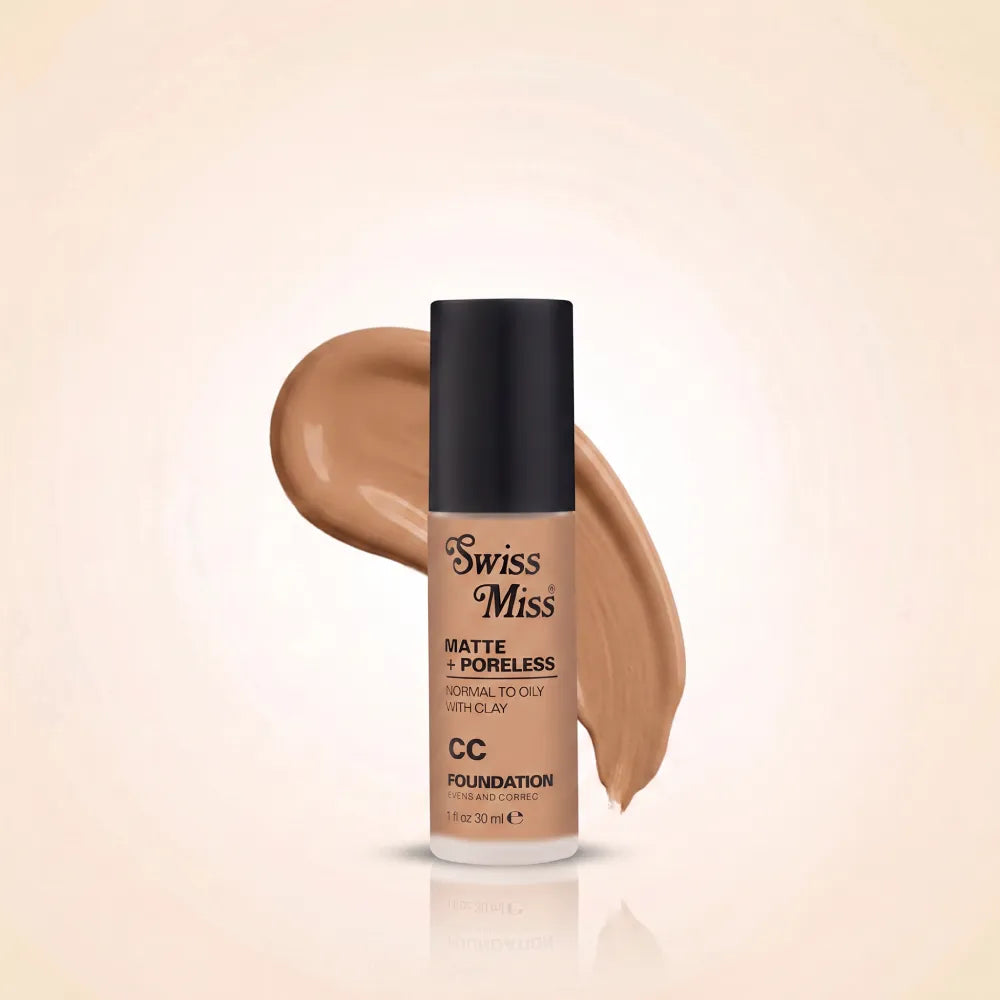 Swiss Miss Matte + Poreless CC Foundation 30ml bottle with black cap in shade SM 05 Almond and liquid foundation swatch.