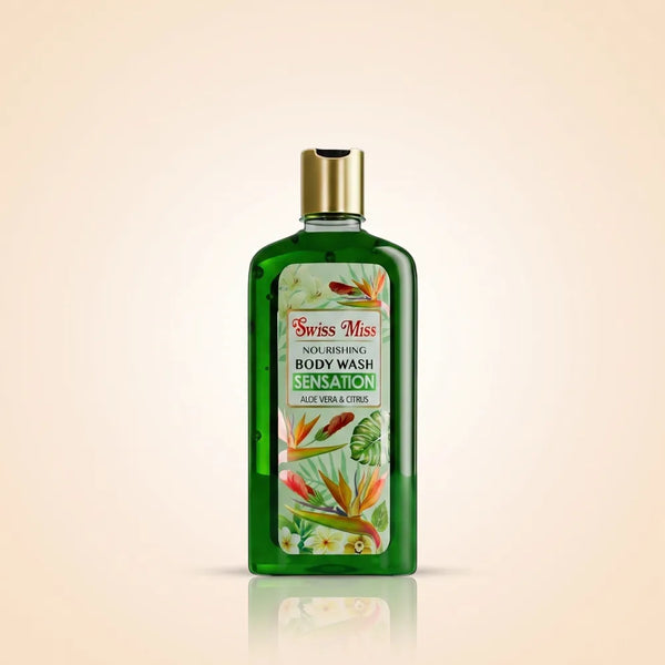 Swiss Miss Nourishing Sensation Body Wash 440ml bottle with green liquid, gold cap, and botanical label featuring Aloe Vera and Citrus.