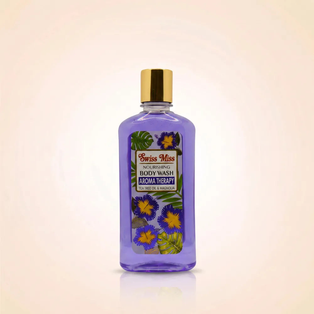 Swiss Miss Nourishing Aroma Therapy Body Wash 440ml bottle featuring purple liquid, gold cap, and tea tree oil and magnolia floral label.