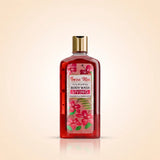 Swiss Miss Nourishing Living Body Wash 440ml bottle with red liquid, gold cap, and floral label featuring Himalayan Salt and Shea Butter.