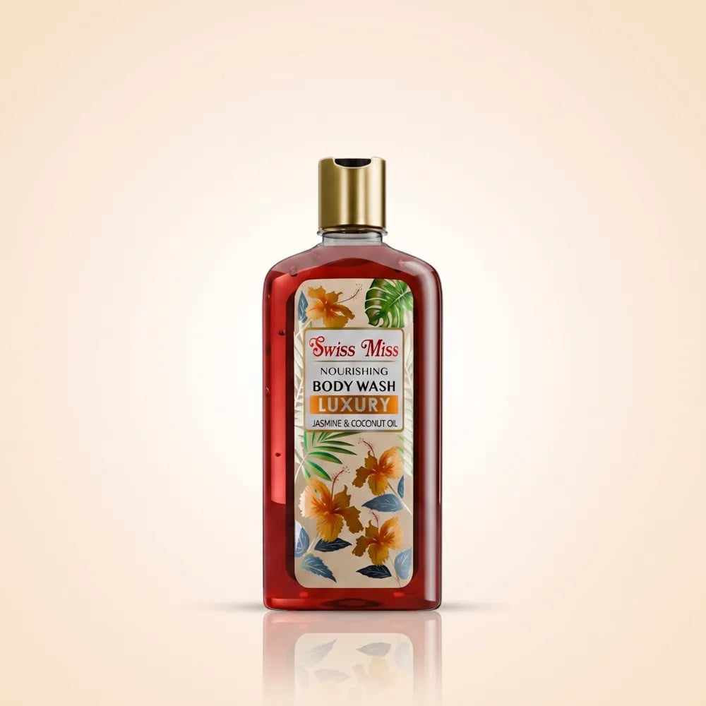 Swiss Miss Nourishing Luxury Body Wash 440ml bottle with reddish-brown liquid, gold cap, and floral label featuring Jasmine and Coconut Oil.