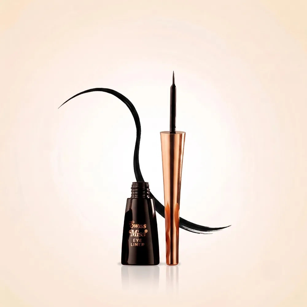 Swiss Miss black liquid eye liner bottle with rose gold applicator handle and precise swatch line.