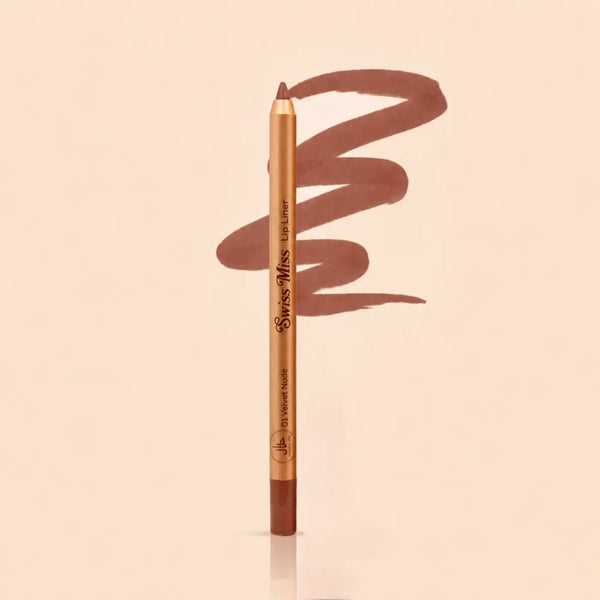 Swiss Miss Precision Lip Liner in shade 01 Velvet Nude with gold packaging and a smooth nude brown swatched line.