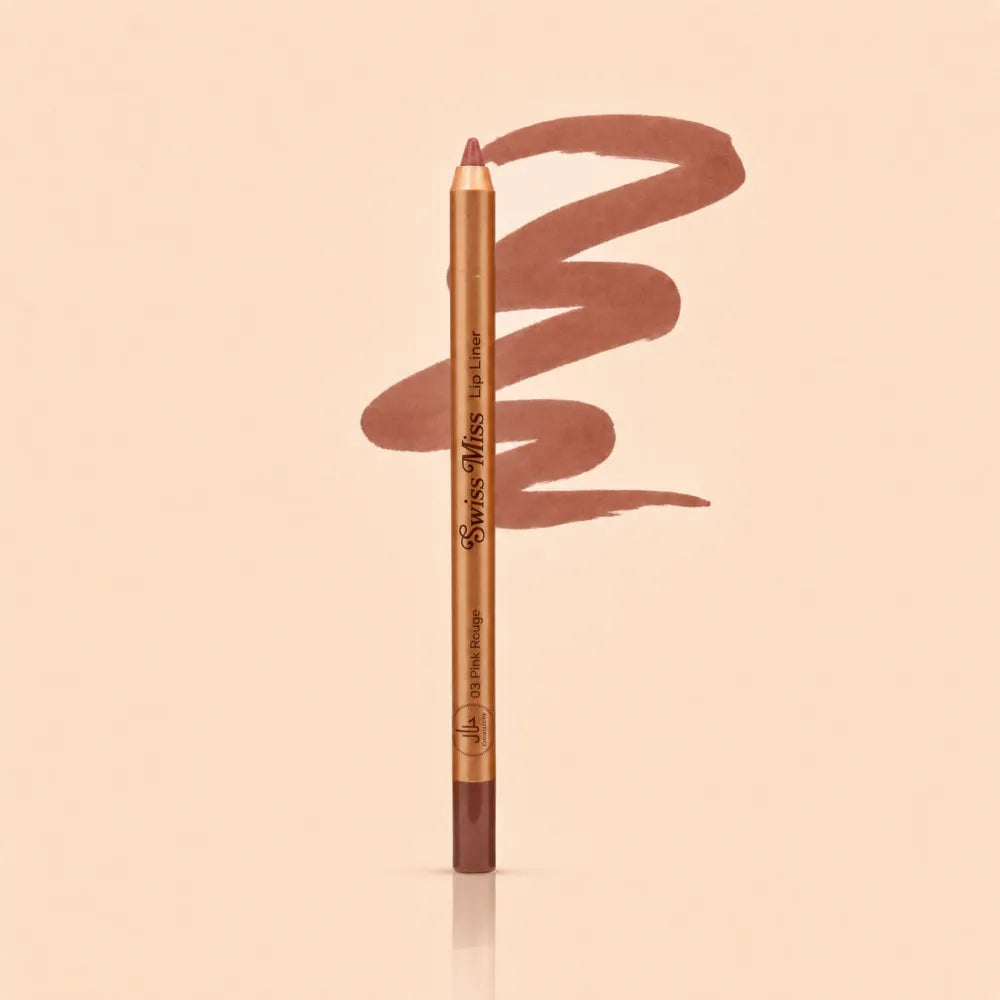 Swiss Miss Precision Lip Liner in shade 03 Pink Rouge with gold packaging and a smooth pink rouge swatched line.