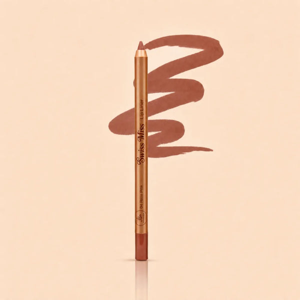 Swiss Miss Precision Lip Liner in shade 04 Rose Pink with gold packaging and a smooth rose pink swatched line.