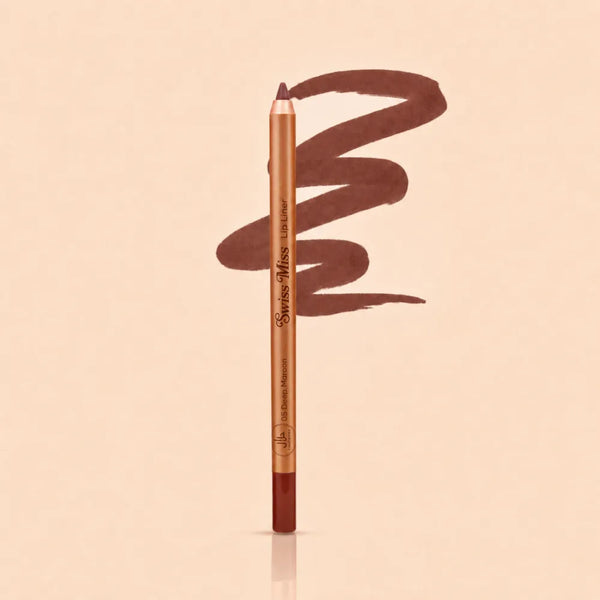 Swiss Miss Precision Lip Liner in shade 05 Deep Maroon with gold packaging and a smooth deep maroon swatched line.