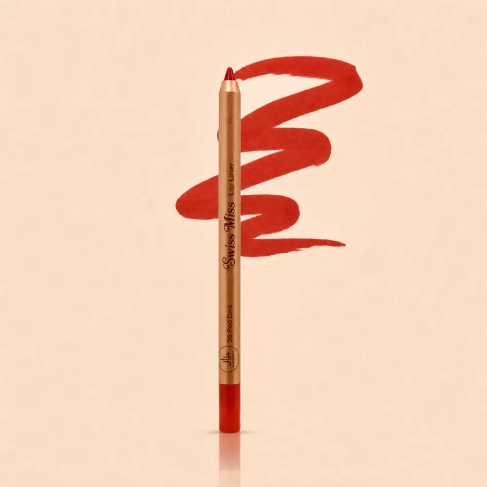 Swiss Miss Precision Lip Liner in shade 06 Red Diva with gold packaging and a smooth vibrant red swatched line.