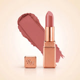 Swiss Miss Silk Matte Lipstick in shade Base Pink 713 featuring sleek rose gold metallic square tube casing with a soft mid-tone dusty pink lipstick swatch.