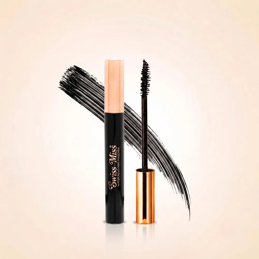 Swiss Miss water resistant black mascara tube with rose gold cap, open wand applicator, and textured black swatch background.