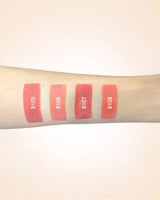 Arm swatches comparing Swiss Miss lipstick shades B105, B106, B107, and B108.