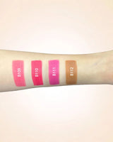 Arm swatches comparing Swiss Miss lipstick shades B109, B110, B111, and B112.