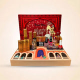 Swiss Miss Beauty Edit collection featuring lipsticks, foundation, nail polishes, and perfumes displayed on the opened calendar.