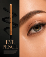 Swiss Miss 01 Black Eye Pencil featured next to a smudged liner texture swatch and a finished eye makeup look.
