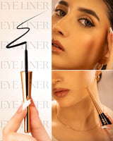 Collage showing the gold handle Swiss Miss liquid eyeliner applicator alongside a model wearing winged black eyeliner.
