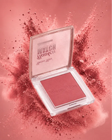 Swiss Miss Flawless Match single powder blush compact open in shade Romantic Pink SM 003 set against a vibrant pink powder burst background.