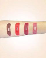 Forearm swatches comparing Swiss Miss Classic Lipstick shades 235, 242, 244, and 245.