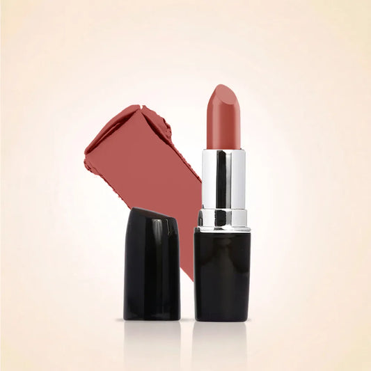 Swiss Miss Classic Lipstick in Blushing Brown M-517 open bullet tube displayed next to a rosy brown color swatch streak.