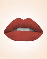 Lip swatch application of Swiss Miss Classic Lipstick in shade Burnt Peach M-50 showing a smooth terracotta nude lip finish.