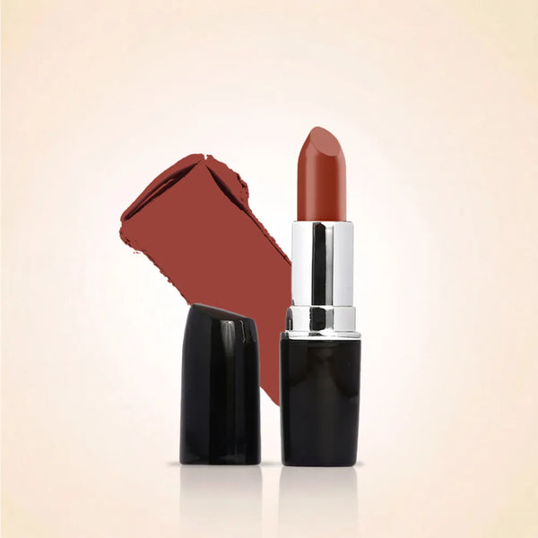 Swiss Miss Classic Lipstick in shade Burnt Peach M-50 shown open with black tube and warm terracotta peach color swatch.