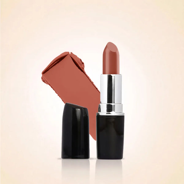Swiss Miss Classic Lipstick in Cocoa Crush M-518 open bullet tube displayed next to a soft nude brown color swatch streak.