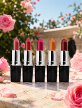 Five open Swiss Miss Classic Lipsticks lined up outdoors on a marble surface surrounded by pink roses and petals.