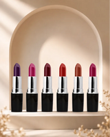 Six open Swiss Miss Classic Lipsticks in various colorful shades arranged in a line inside an elegant beige archway backdrop.