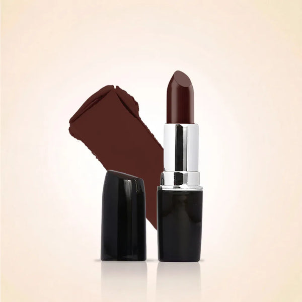 Swiss Miss Classic Lipstick in Dark Chocolate M-223 open bullet tube displayed next to a deep brown color swatch streak.