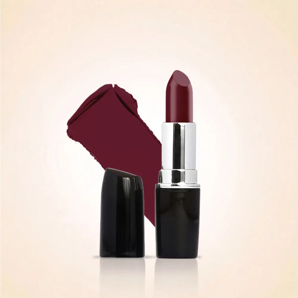 Swiss Miss Classic Lipstick in Deep Maroon M-226 open bullet tube displayed next to a dark maroon color swatch streak.