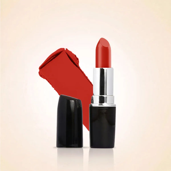 Swiss Miss Classic Lipstick in Flame Fusion M-522 open bullet tube displayed next to a bold fiery red color swatch streak.