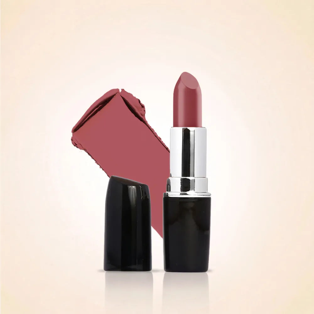 Swiss Miss Classic Lipstick in Flamingo Pink M-228 open bullet tube displayed next to a mauve pink color swatch streak.