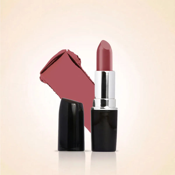Swiss Miss Classic Lipstick in Flamingo Pink M-228 open bullet tube displayed next to a mauve pink color swatch streak.