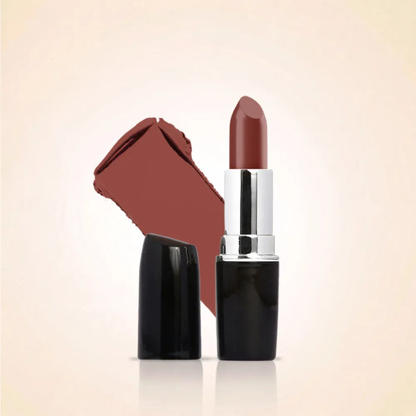 Swiss Miss Classic Lipstick in Flint M-242 open bullet tube displayed next to a warm terracotta brown swatch streak.