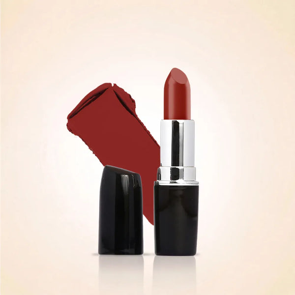 Swiss Miss Classic Lipstick in Garnet Glam M-511 open bullet tube displayed next to a deep red color swatch streak.