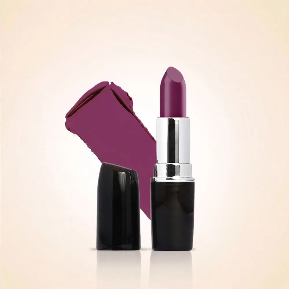 Swiss Miss Classic Lipstick in Lavender Luxe M-510 open bullet tube displayed next to a deep rich purple lavender color swatch streak.