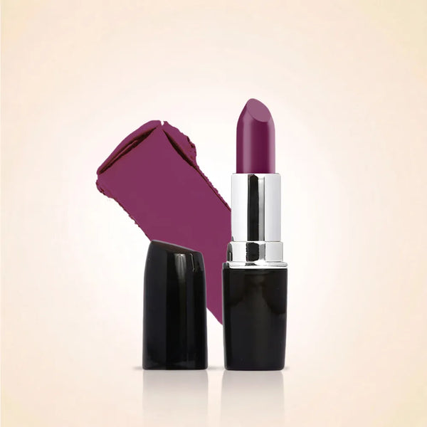 Swiss Miss Classic Lipstick in Lavender Luxe M-510 open bullet tube displayed next to a deep rich purple lavender color swatch streak.