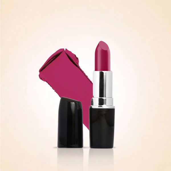 Swiss Miss Classic Lipstick in Raspberry Rose M-257 open bullet tube displayed next to a deep vibrant berry pink color swatch streak.