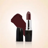 Swiss Miss Classic Lipstick in Satin M-214 open bullet tube displayed next to a dark wine swatch streak.