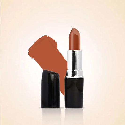 Swiss Miss Classic Lipstick in Terracotta M-208 open tube with a background color swatch.