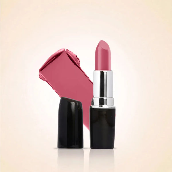 Open tube of Swiss Miss Classic Lipstick in shade True Pink (M-271), with a large color swatch streak of the dusty rose-pink hue.