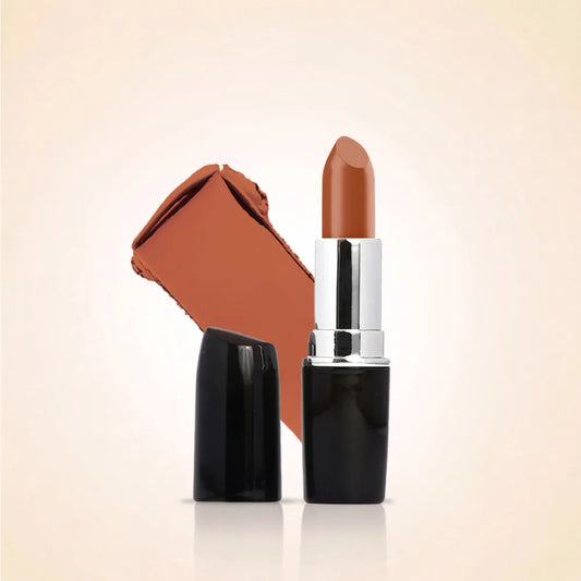 Swiss Miss Classic Lipstick in Twig M-244 open bullet tube displayed next to a warm nude brown swatch streak.
